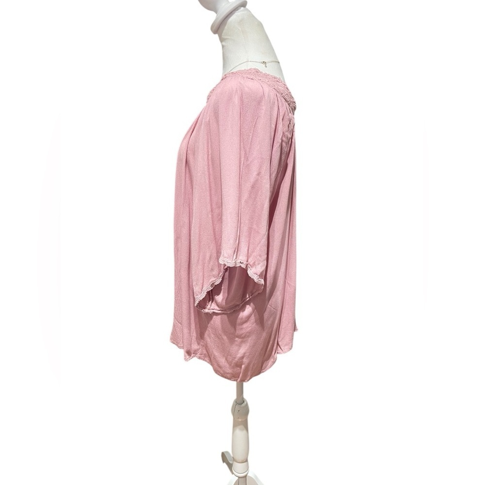 Romantic Blush Pink 1X Flowy Tunic – Cottagecore Smocked Neck & Floral Hem - Picture 3 of 7